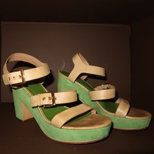 Kate Spade Tan Leather and Green Suede Sandals